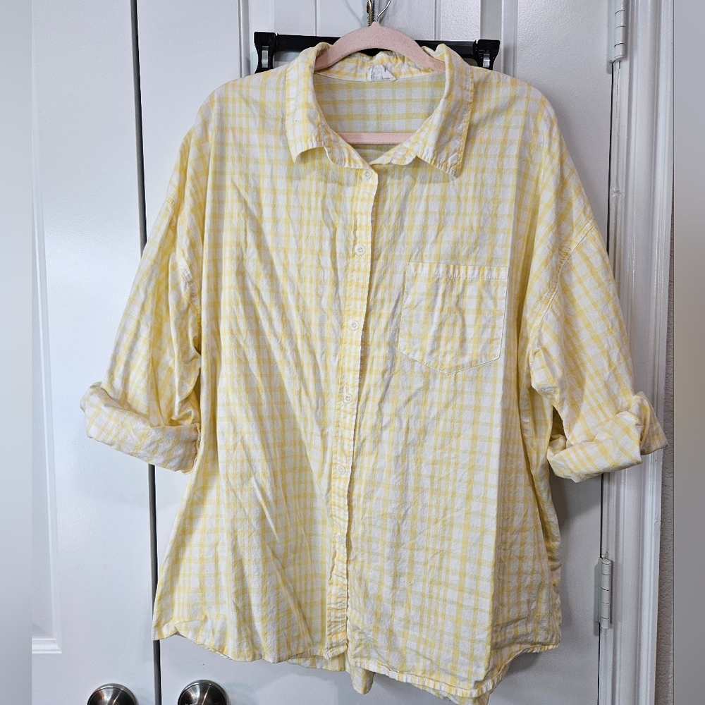 Yellow Plaid Button-Up Shirt L 100% cotton.